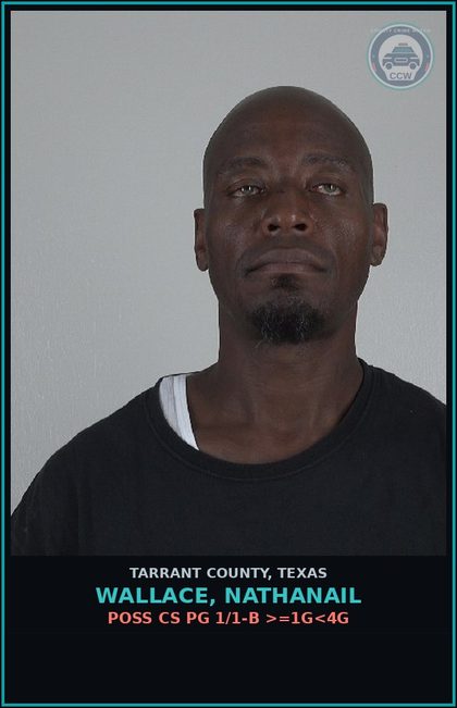 CCW arrest card for Wallace, Nathanail in Tarrant County: POSS CS PG 1/1-B >=1G<4G