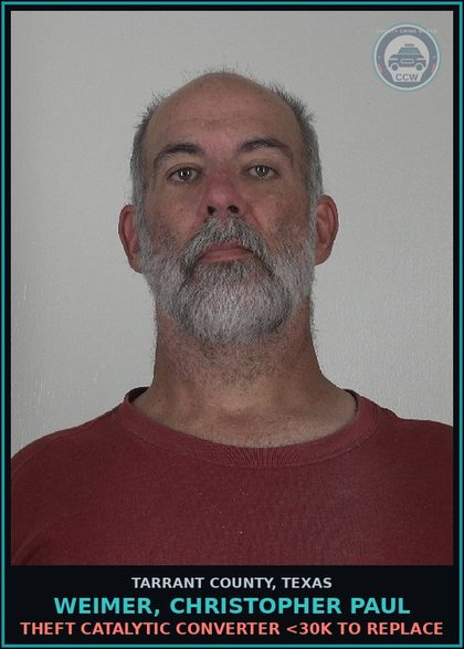 CCW arrest card for Weimer, Christopher Paul in Tarrant County: DISPLAY FICTITIOUS LICENSE PLATE