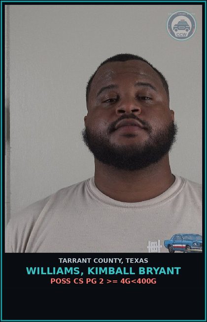CCW arrest card for Williams, Kimball Bryant in Tarrant County: POSS CS PG 2 >= 4G<400G
