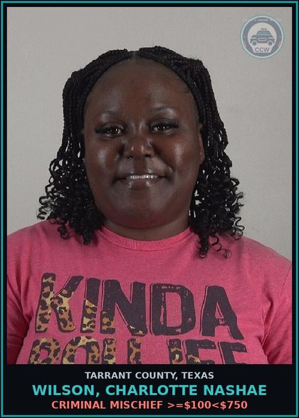CCW arrest card for Wilson, Charlotte Nashae in Tarrant County: CRIMINAL MISCHIEF >=$100<$750