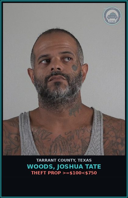 CCW arrest card for Woods, Joshua Tate in Tarrant County: MAN DEL CS PG 1 >=4G<200G