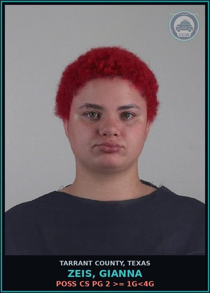 CCW arrest card for Zeis, Gianna in Tarrant County: POSS CS PG 2 >= 1G<4G