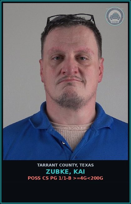 CCW arrest card for Zubke, Kai in Tarrant County: POSS CS PG 1/1-B >=4G<200G
