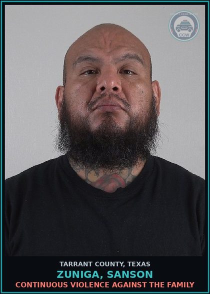 CCW arrest card for Zuniga, Sanson in Tarrant County: CONTINUOUS VIOLENCE AGAINST THE FAMILY