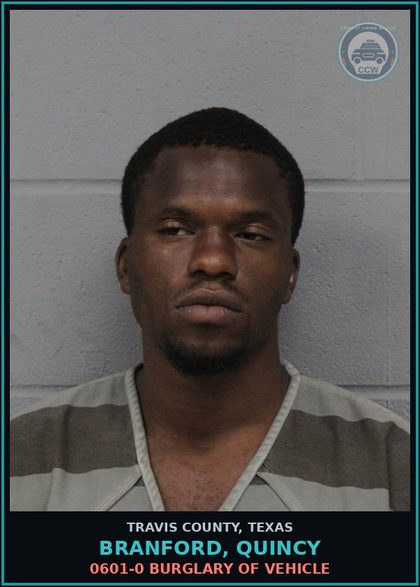CCW arrest card for Branford, Quincy in Travis County: 0601-0 BURGLARY OF VEHICLE