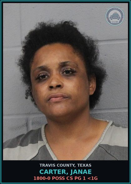 CCW arrest card for Carter, Janae in Travis County: 1800-0 POSS CS PG 1 <1G