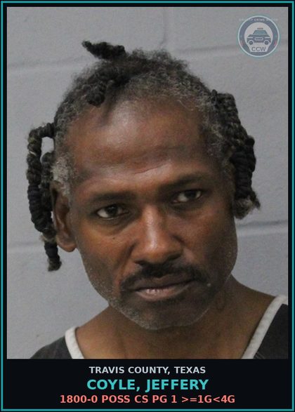CCW arrest card for Coyle, Jeffery in Travis County: 1800-0 POSS CS PG 1 >=1G<4G