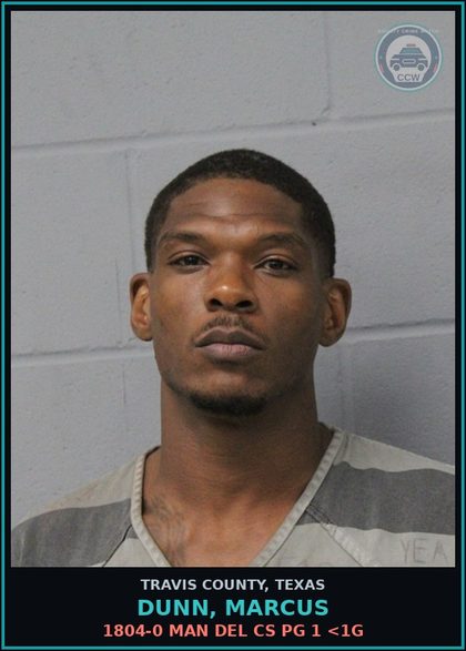 CCW arrest card for Dunn, Marcus in Travis County: 1804-0 MAN DEL CS PG 1 <1G
