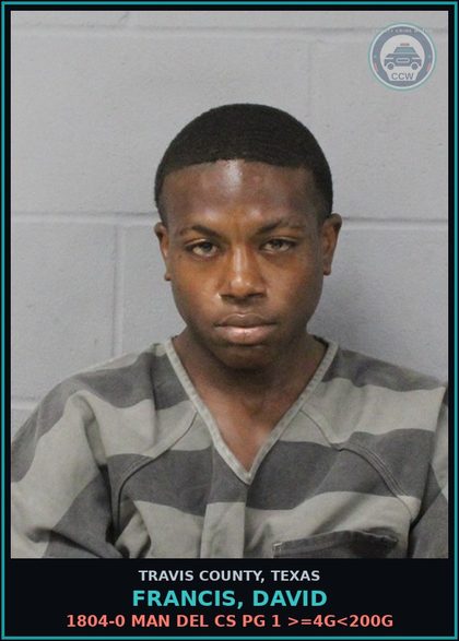 CCW arrest card for Francis, David in Travis County: 1804-0 MAN DEL CS PG 1 >=4G<200G
