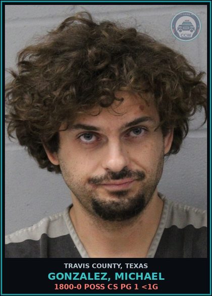 CCW arrest card for Gonzalez, Michael in Travis County: 1800-0 POSS CS PG 1 <1G