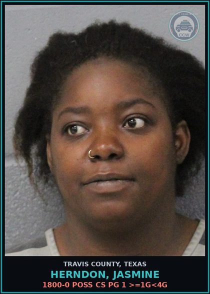CCW arrest card for Herndon, Jasmine in Travis County: 1800-0 POSS CS PG 1 >=1G<4G