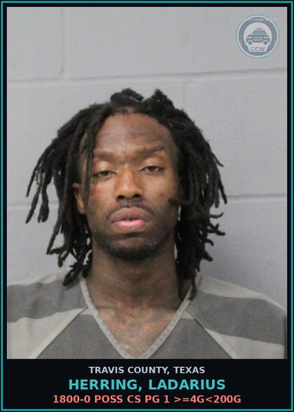CCW arrest card for Herring, Ladarius in Travis County: 1800-0 POSS CS PG 1 >=4G<200G