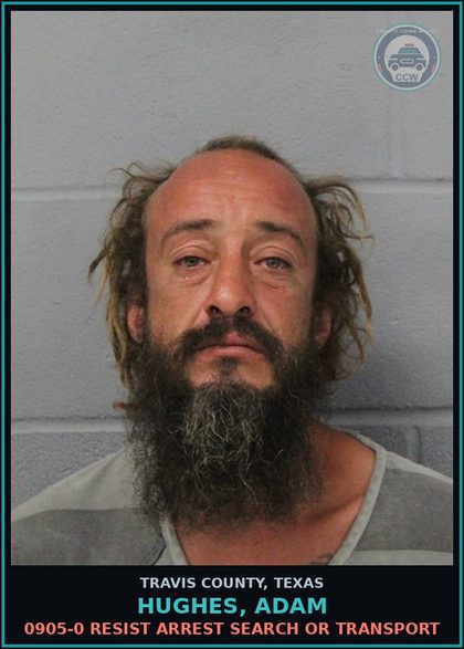 CCW arrest card for Hughes, Adam in Travis County: 0905-0 RESIST ARREST SEARCH OR TRANSPORT