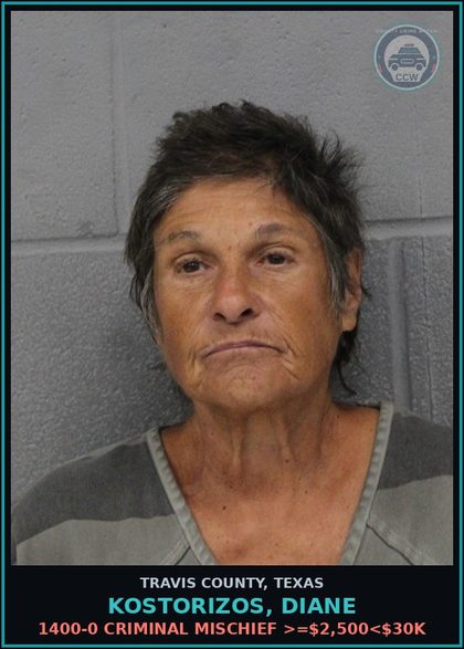 CCW arrest card for Kostorizos, Diane in Travis County: 1400-0 CRIMINAL MISCHIEF >=$2,500<$30K