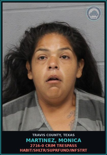 CCW arrest card for Martinez, Monica in Travis County: 2716-0 CRIM TRESPASS HABIT/SHLTR/SUPRFUND/INFSTRT