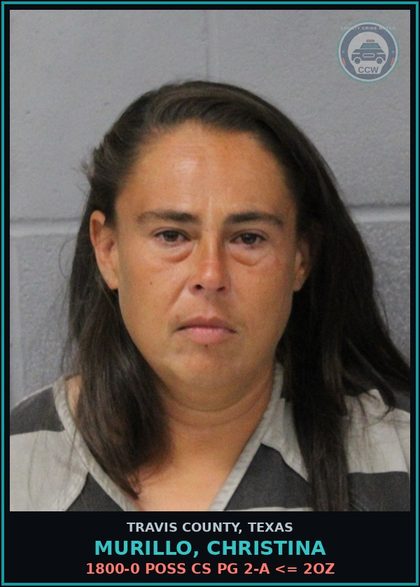 CCW arrest card for Murillo, Christina in Travis County: 1800-0 POSS CS PG 2-A <= 2OZ