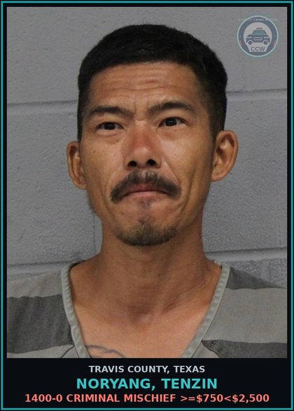 CCW arrest card for Noryang, Tenzin in Travis County: 1400-0 CRIMINAL MISCHIEF >=$750<$2,500