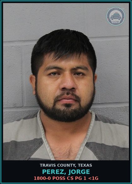 CCW arrest card for Perez, Jorge in Travis County: 1800-0 POSS CS PG 1 <1G