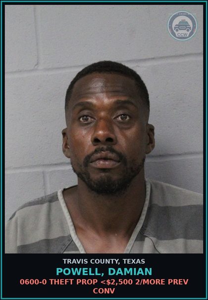 CCW arrest card for Powell, Damian in Travis County: 0600-0 THEFT PROP <$2,500 2/MORE PREV CONV