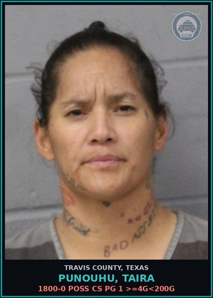 CCW arrest card for Punouhu, Taira in Travis County: 1800-0 POSS CS PG 1 >=4G<200G