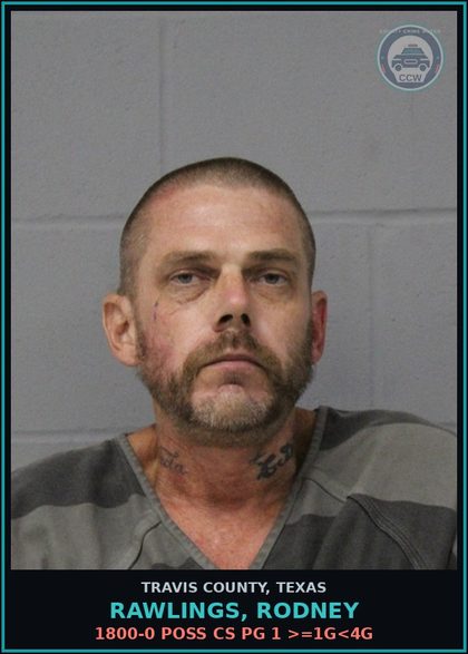CCW arrest card for Rawlings, Rodney in Travis County: 1800-0 POSS CS PG 1 >=1G<4G