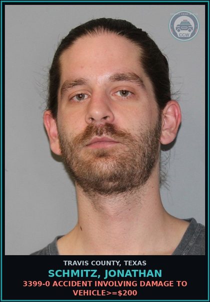 CCW arrest card for Schmitz, Jonathan in Travis County: 3399-0 ACCIDENT INVOLVING DAMAGE TO VEHICLE>=$200