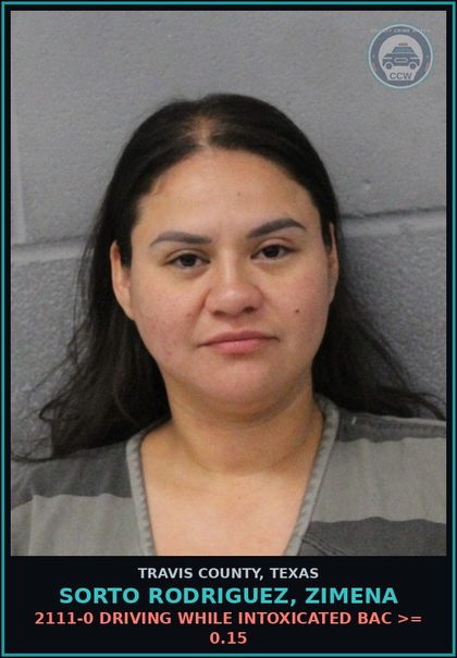 CCW arrest card for Sorto Rodriguez, Zimena in Travis County: 2111-0 DRIVING WHILE INTOXICATED BAC >= 0.15