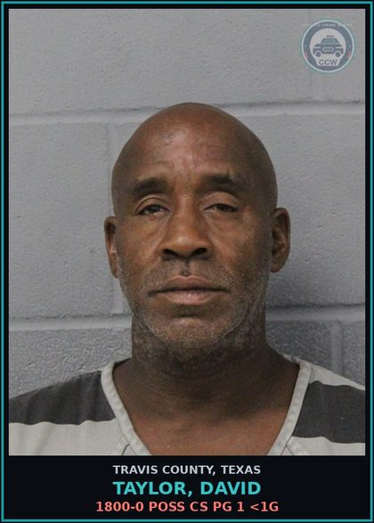 CCW arrest card for Taylor, David in Travis County: 1800-0 POSS CS PG 1 <1G