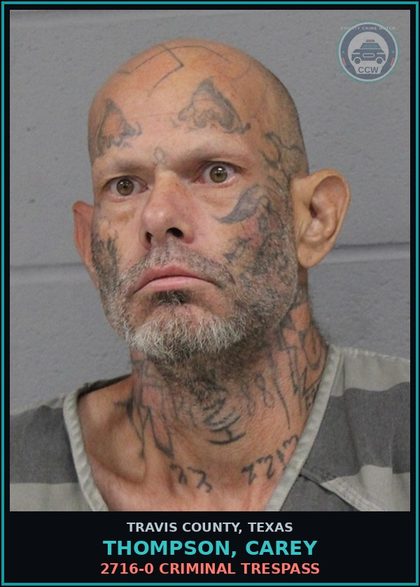 CCW arrest card for Thompson, Carey in Travis County: 2716-0 CRIMINAL TRESPASS