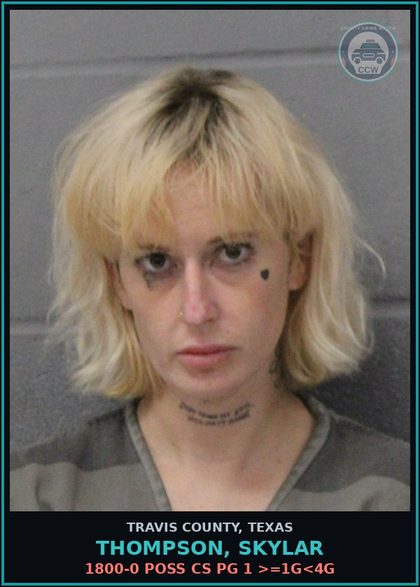 CCW arrest card for Thompson, Skylar in Travis County: 1800-0 POSS CS PG 1 >=1G<4G