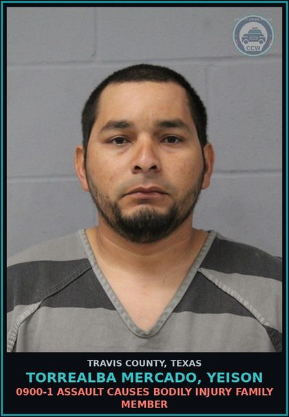 CCW arrest card for Torrealba Mercado, Yeison in Travis County: 0900-1 ASSAULT CAUSES BODILY INJURY FAMILY MEMBER