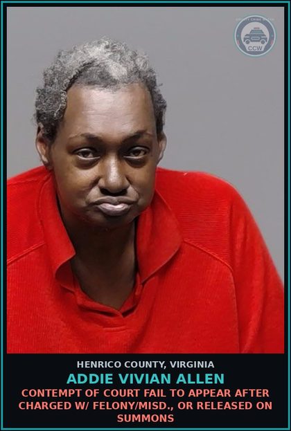 CCW arrest card for Addie Vivian Allen in Henrico County: LARCENY Less than $1000 not from person