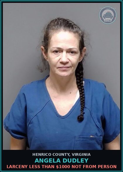 CCW arrest card for Angela Dudley in Henrico County: LARCENY Less than $1000 not from person