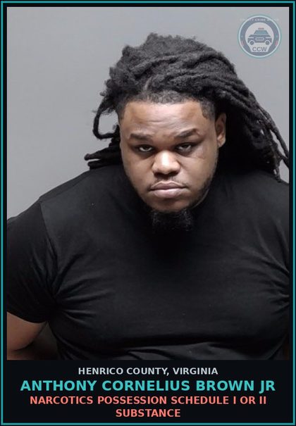 CCW arrest card for Anthony Cornelius Brown Jr in Henrico County: NARCOTICS Possession Schedule I or II drug