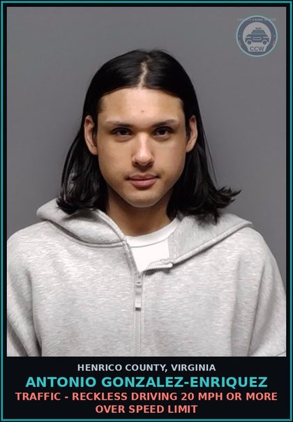 CCW arrest card for Antonio Gonzalez-Enriquez in Henrico County: TRAFFIC - RECKLESS DRIVING 20 MPH or more over speed limit
