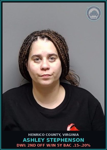 CCW arrest card for Ashley Stephenson in Henrico County: DWI: 2ND OFF W/IN 5Y BAC .15-.20%