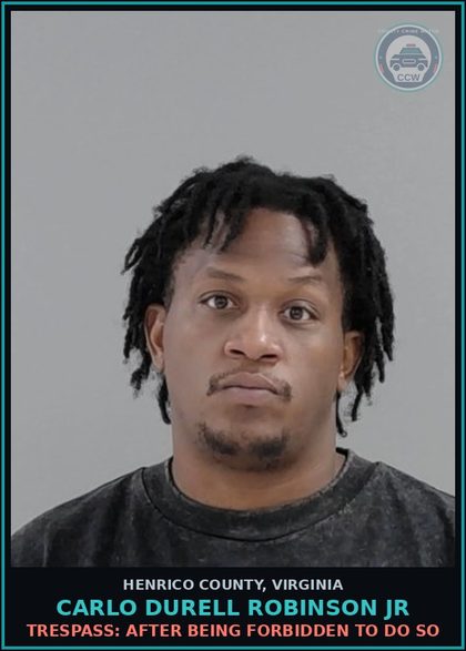 CCW arrest card for Carlo Durell Robinson Jr in Henrico County: TRESPASS: AFTER BEING FORBIDDEN TO DO SO