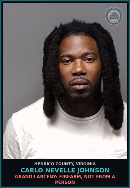 CCW arrest card for Carlo Nevelle Johnson in Henrico County: UNAUTHORIZED USE:ANIMAL/VEHICLE/ETC, >=1000