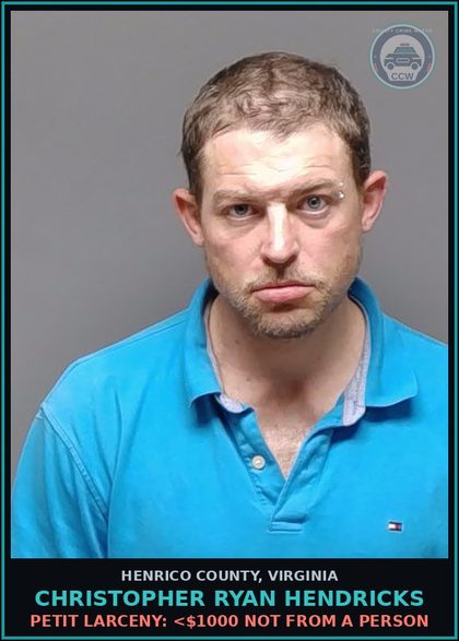 CCW arrest card for Christopher Ryan Hendricks in Henrico County: DRUGS: POSSESS SCH I OR II