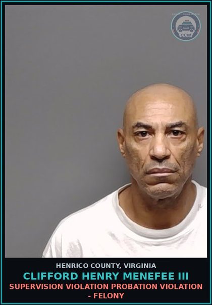 CCW arrest card for Clifford Henry Menefee Iii in Henrico County: SUPERVISION VIOLATION Probation violation - Felony