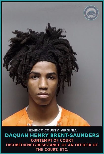 CCW arrest card for Daquan Henry Brent-Saunders in Henrico County: CONTEMPT OF COURT Disobedience/resistance of an officer of the court, etc.
