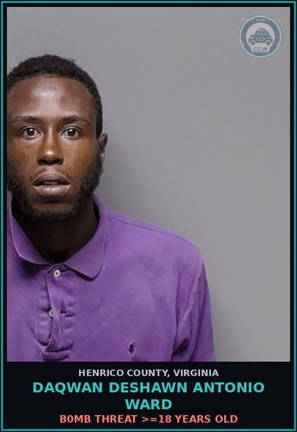 CCW arrest card for Daqwan Deshawn Antonio Ward in Henrico County: b0mb THREAT >=18 YEARS OLD