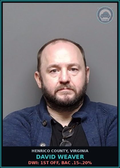 CCW arrest card for David Weaver in Henrico County: DWI: 1ST OFF, BAC .15-.20%