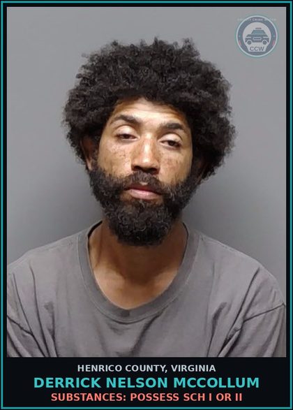 CCW arrest card for Derrick Nelson Mccollum in Henrico County: DRUGS: POSSESS SCH I OR II