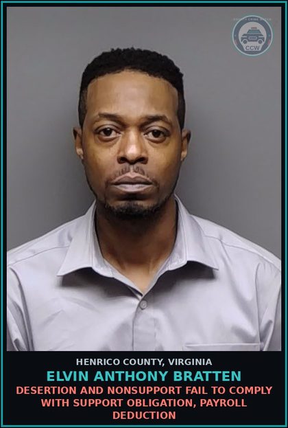 CCW arrest card for Elvin Anthony Bratten in Henrico County: DESERTION AND NONSUPPORT Fail to comply with support obligation, payroll deduction