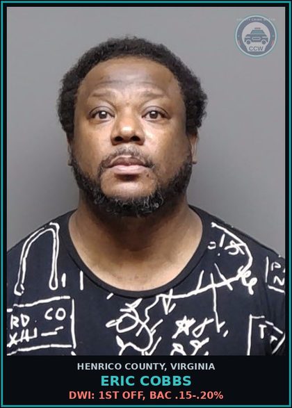 CCW arrest card for Eric Cobbs in Henrico County: DWI: 1ST OFF, BAC .15-.20%