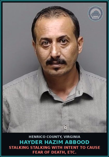 CCW arrest card for Hayder Hazim Abbood in Henrico County: STALKING Stalking with intent to cause fear of death, etc.