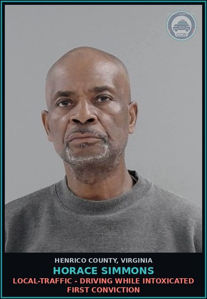 CCW arrest card for Horace Simmons in Henrico County: LOCAL-TRAFFIC - DRIVING WHILE INTOXICATED First conviction
