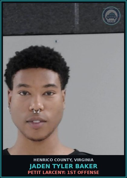 CCW arrest card for Jaden Tyler Baker in Henrico County: PETIT LARCENY: 1ST OFFENSE