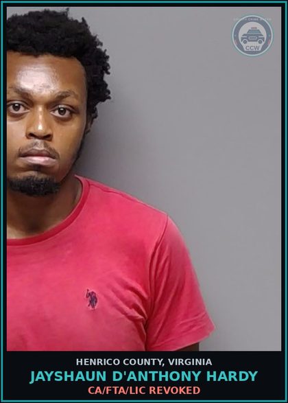 CCW arrest card for Jayshaun D'Anthony Hardy in Henrico County: CA/FTA/LIC REVOKED